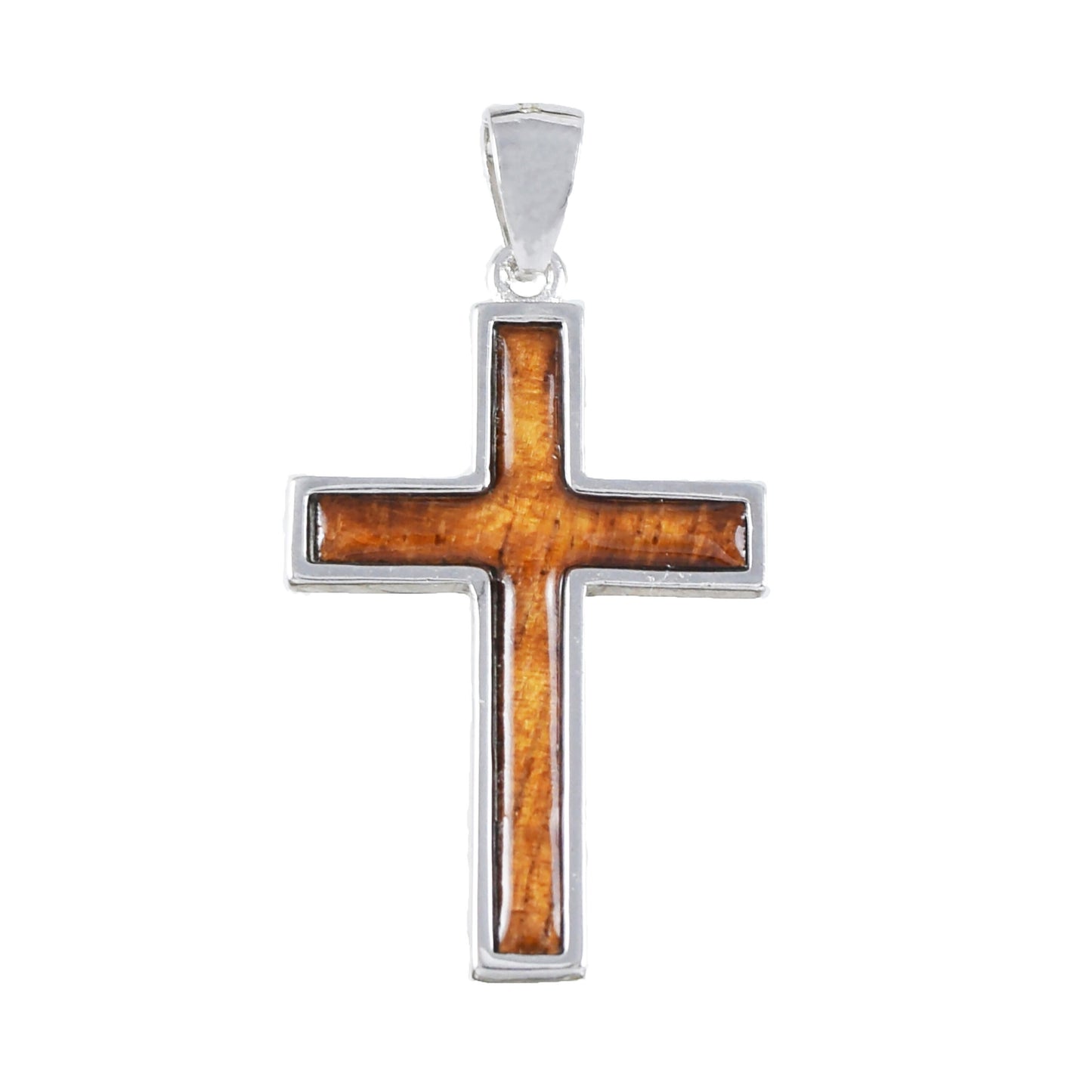 Hawaiian Large Genuine Koa Wood Cross Pendant, Sterling Silver Koa Wood Inlay Cross Pendant, Christmas Anniversary Birthday Gift
