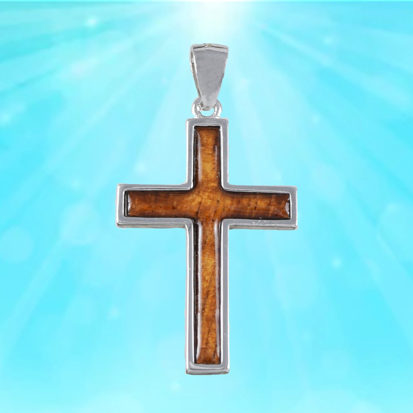 Hawaiian Large Genuine Koa Wood Cross Pendant, Sterling Silver Koa Wood Inlay Cross Pendant, Christmas Anniversary Birthday Gift