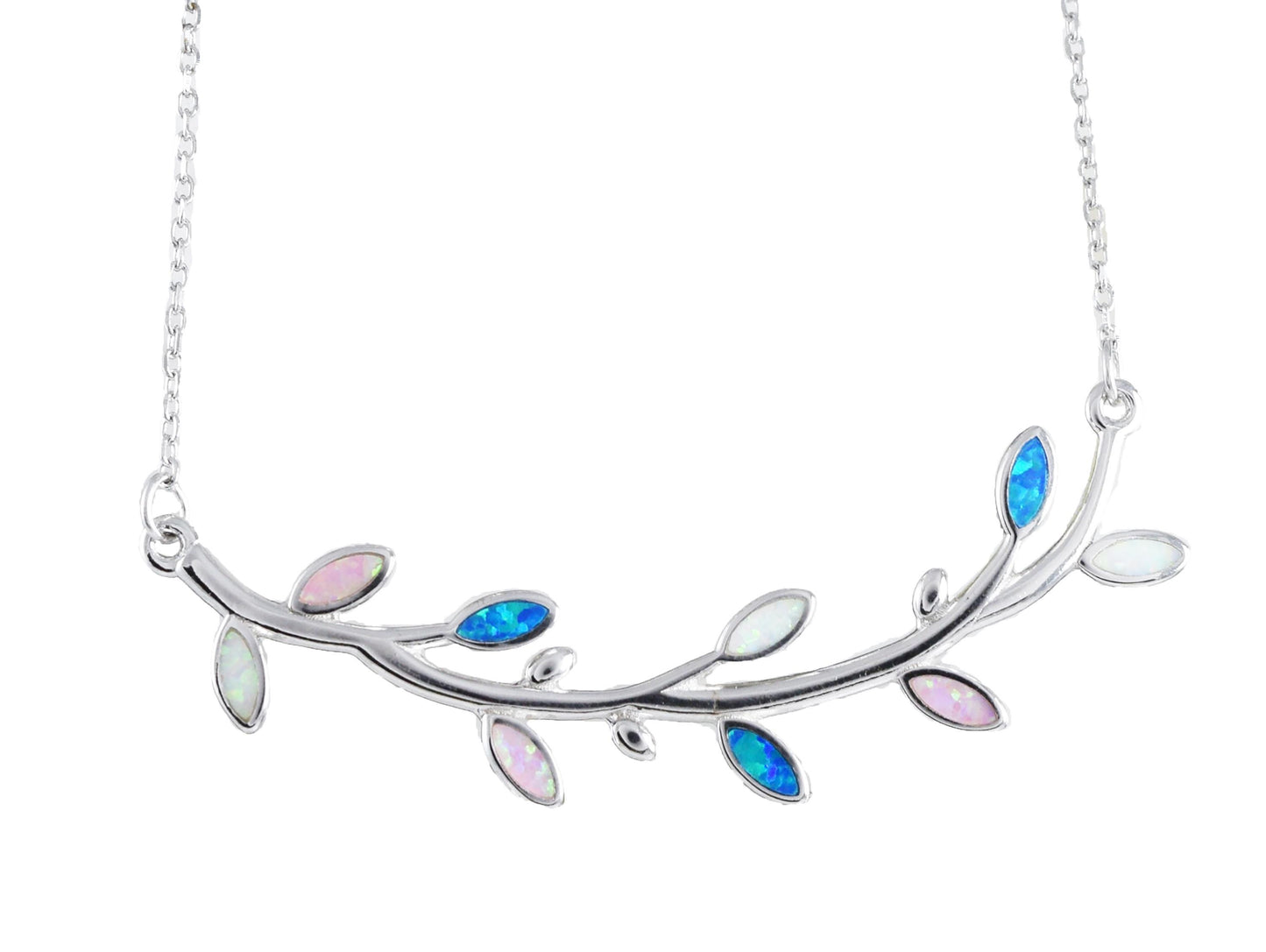 Hawaiian Blue White Pink Opal Maile Leaf Necklace, Sterling Silver Blue Opal Maile Leaf Necklace, Christmas Anniversary Birthday Mom Gift