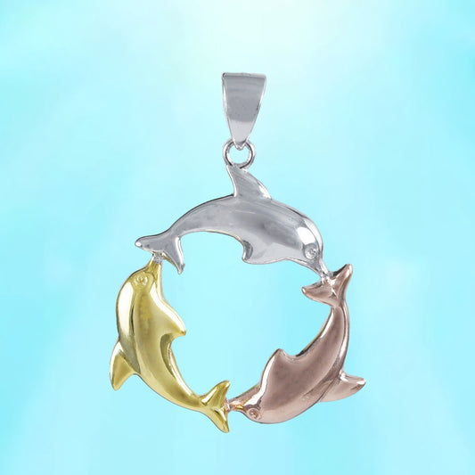 Hawaiian Tri-color 3 Dolphin Pendant, Sterling Silver 3-Tone Dolphin Charm Pendant, Christmas Anniversary Birthday Mom Gift