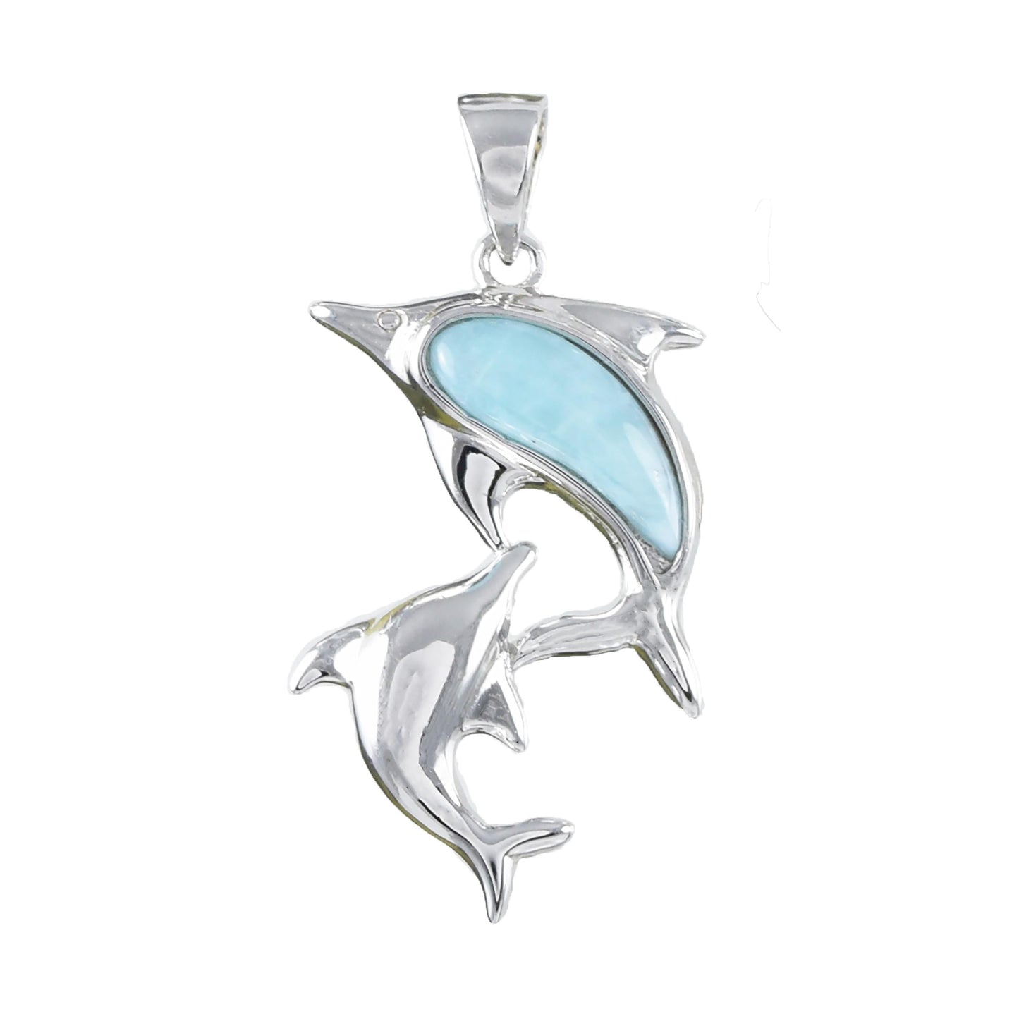 Hawaiian Genuine Larimar Mom & Small Dolphin Pendant, Sterling Silver Larimar 2 Dolphin Pendant, Birthday Mom Gift