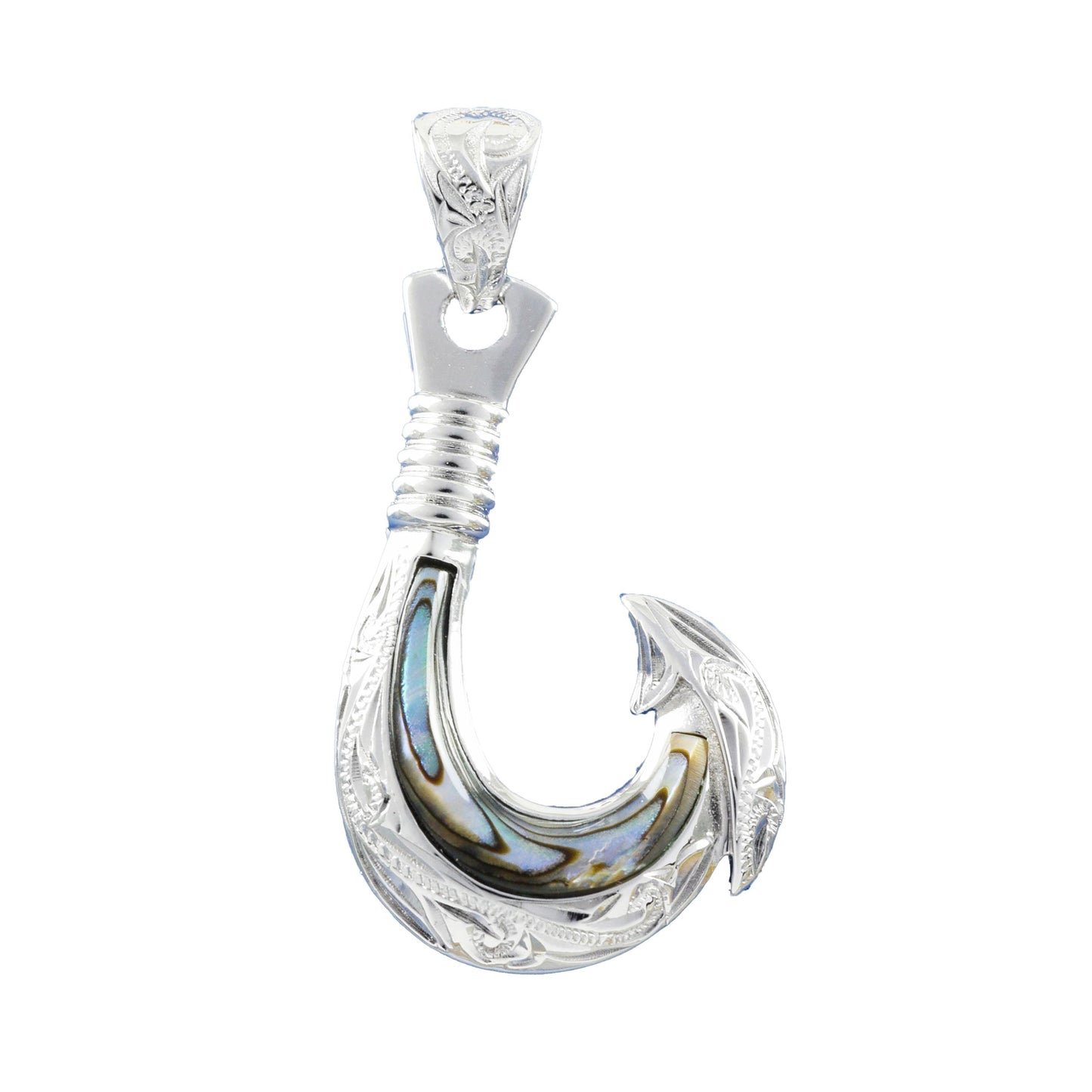 Hawaiian Large Genuine Paua Shell Fish Hook Pendant, Sterling Silver Abalone MOP Fish Hook Pendant, Christmas Anniversary Birthday Gift
