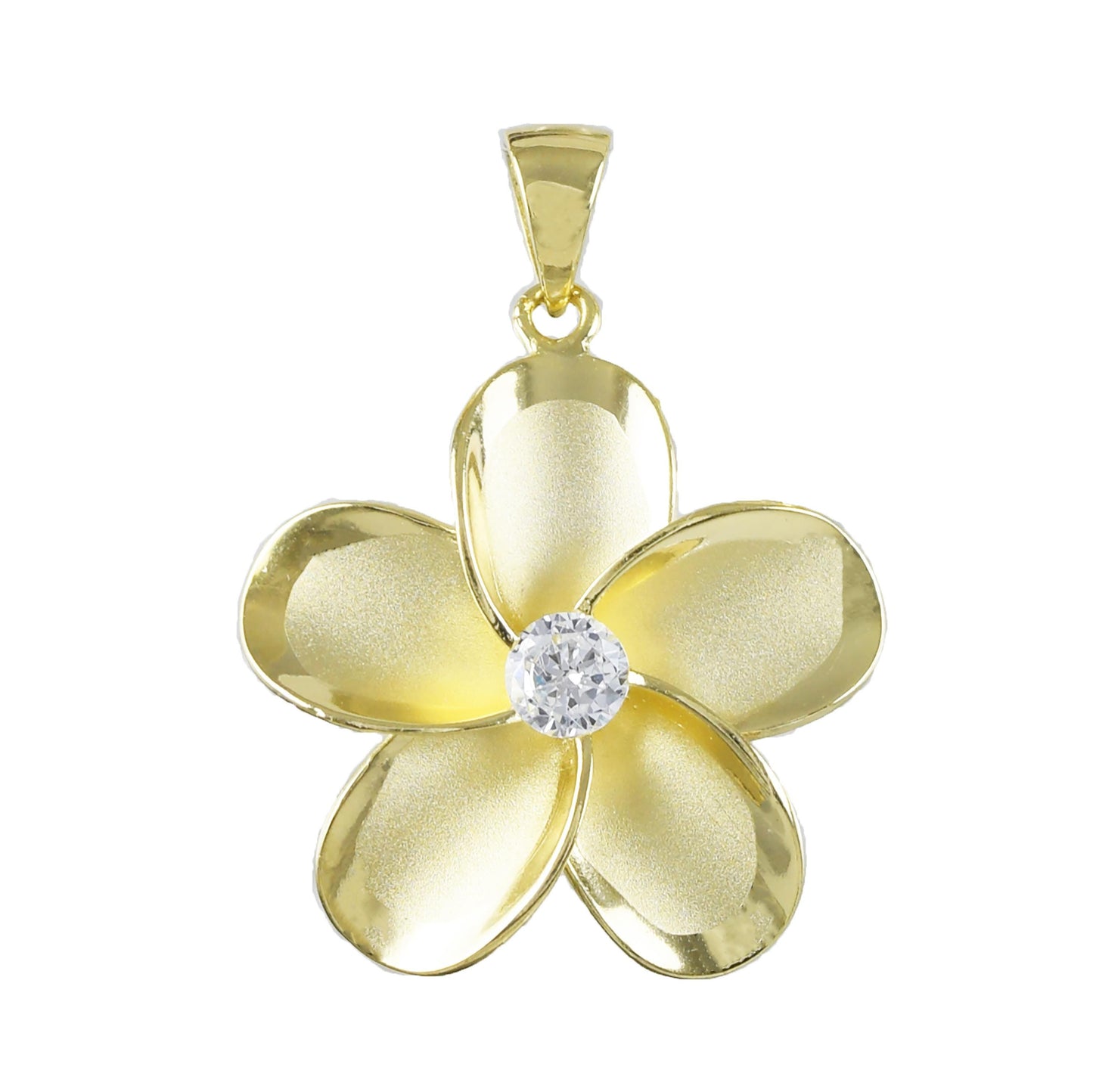 Hawaiian Large Plumeria Pendant, Sterling Silver Yellow-Gold Plated Plumeria CZ Pendant, Christmas Anniversary Birthday Mom Gift