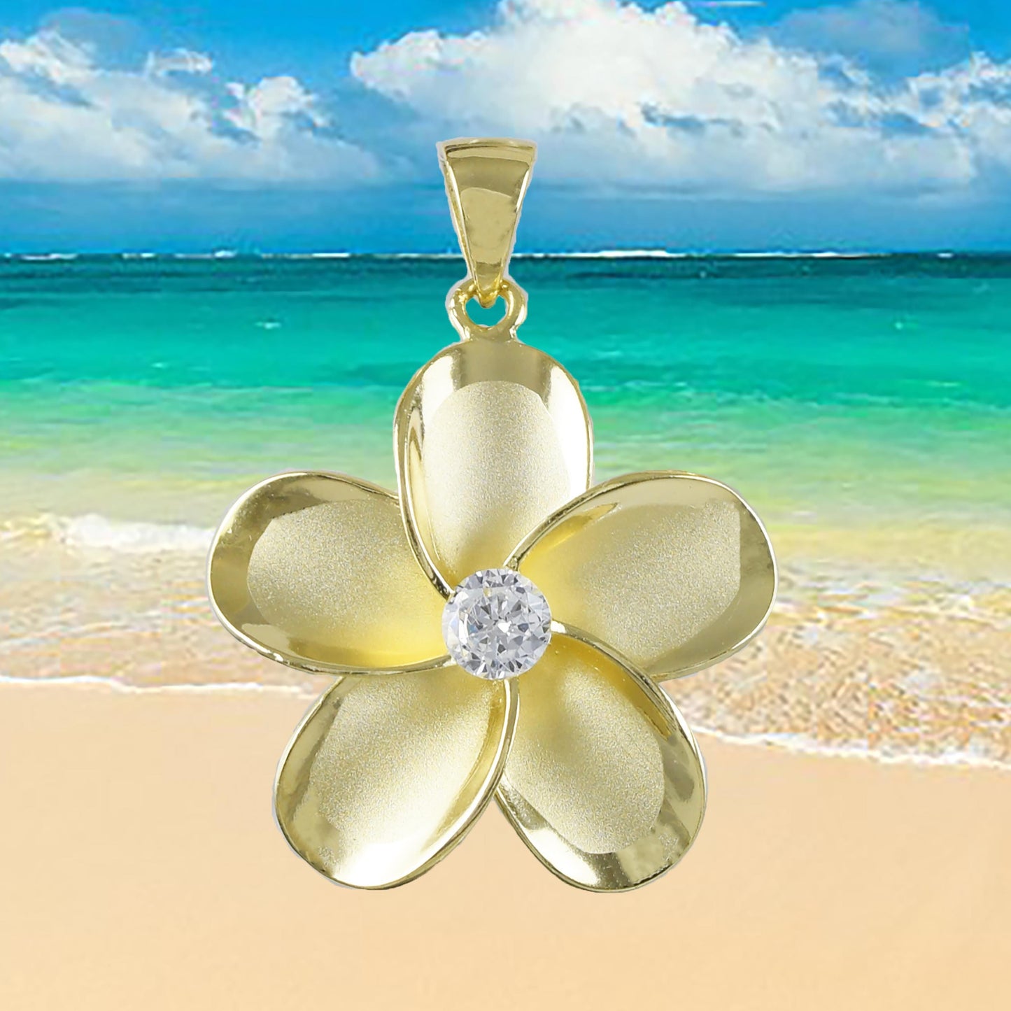 Hawaiian Large Plumeria Pendant, Sterling Silver Yellow-Gold Plated Plumeria CZ Pendant, Christmas Anniversary Birthday Mom Gift