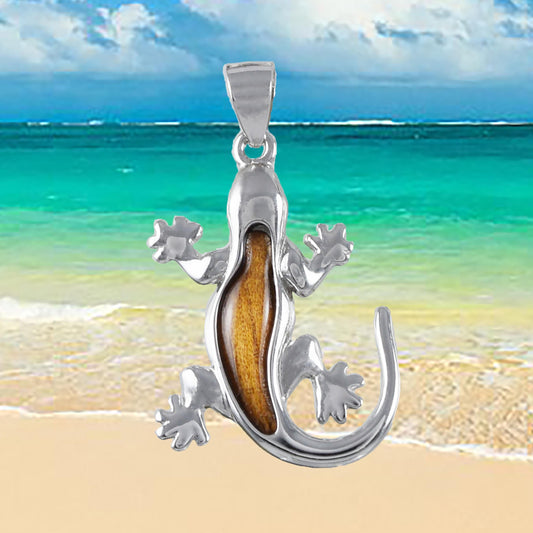 Hawaiian Genuine Koa Wood Gecko Pendant, Sterling Silver Koa Wood Gecko Lizard Pendant, Christmas Anniversary Mom Birthday Gift