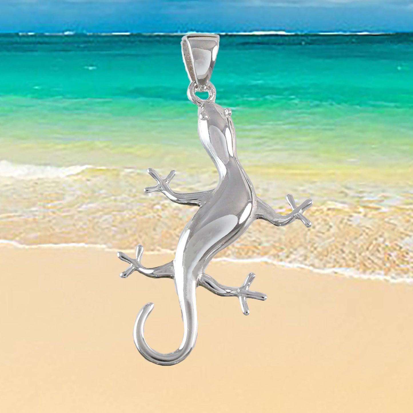 Hawaiian X-Large Gecko Pendant, Sterling Silver Gecko Lizard Pendant, Hawaiian Jewelry, Christmas Mom Anniversary Birthday Gift