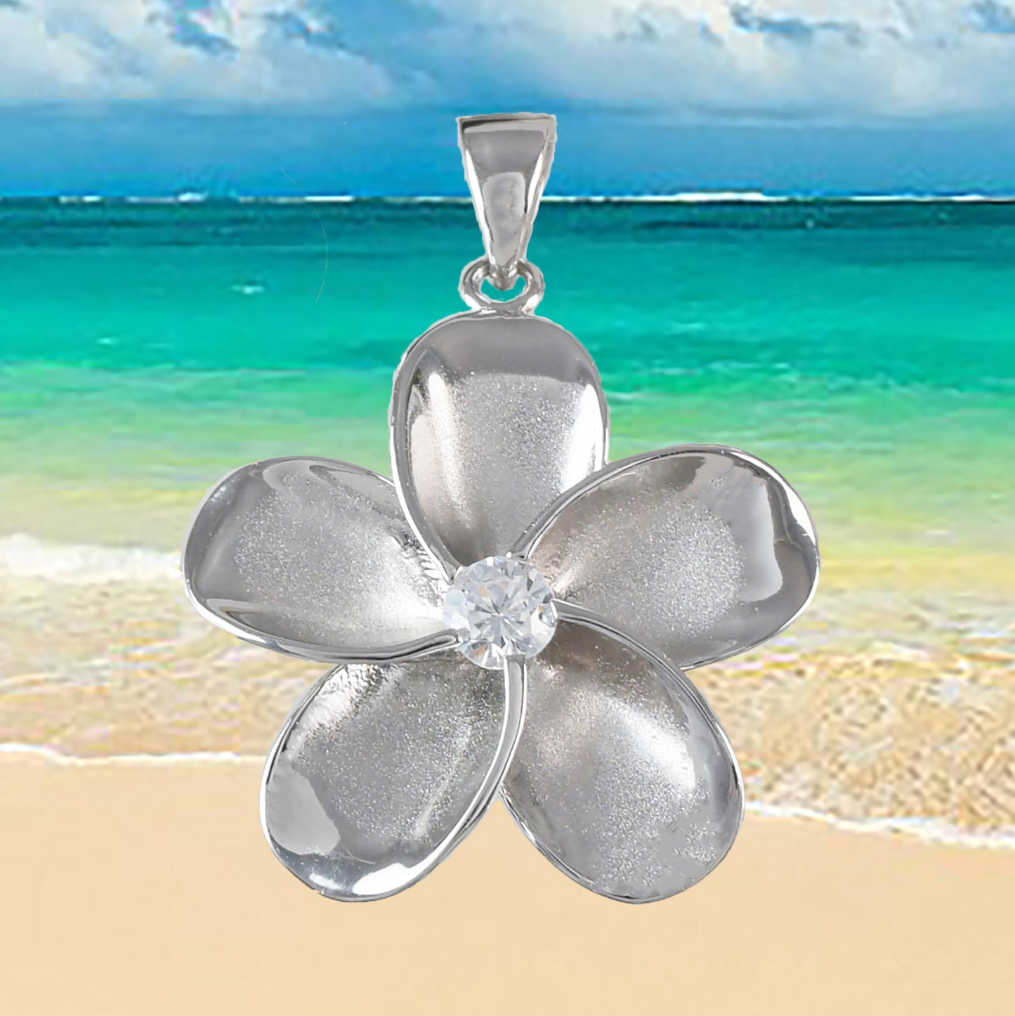 Hawaiian Plumeria Pendant, Sterling Silver Plumeria CZ Pendant, Hawaiian Jewelry Christmas Present, Anniversary Gift Birthday Gift