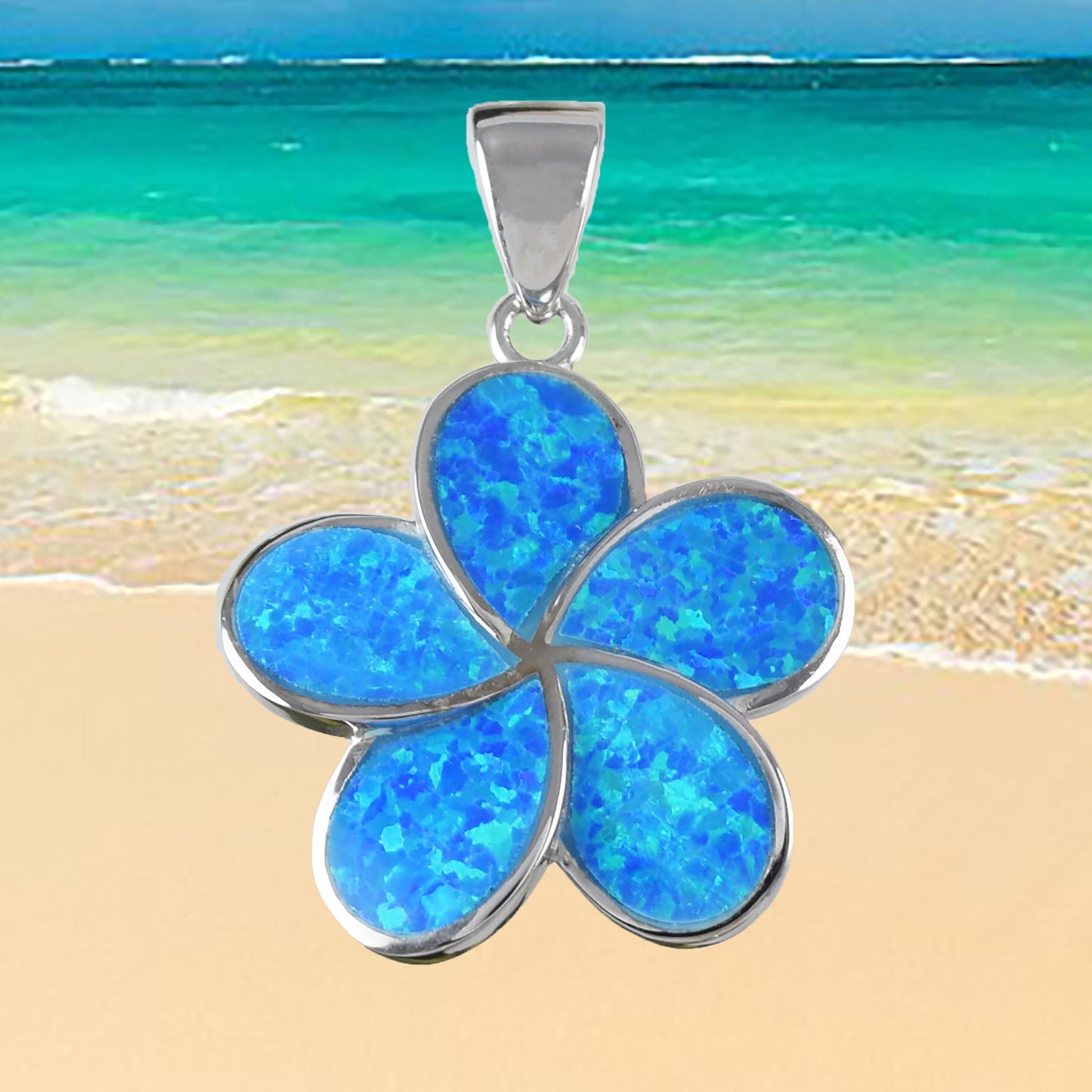 Hawaiian Large Blue Opal Plumeria Pendant, Sterling Silver Blue Opal Inlay Plumeria Pendant, Christmas Mom Birthday Gift