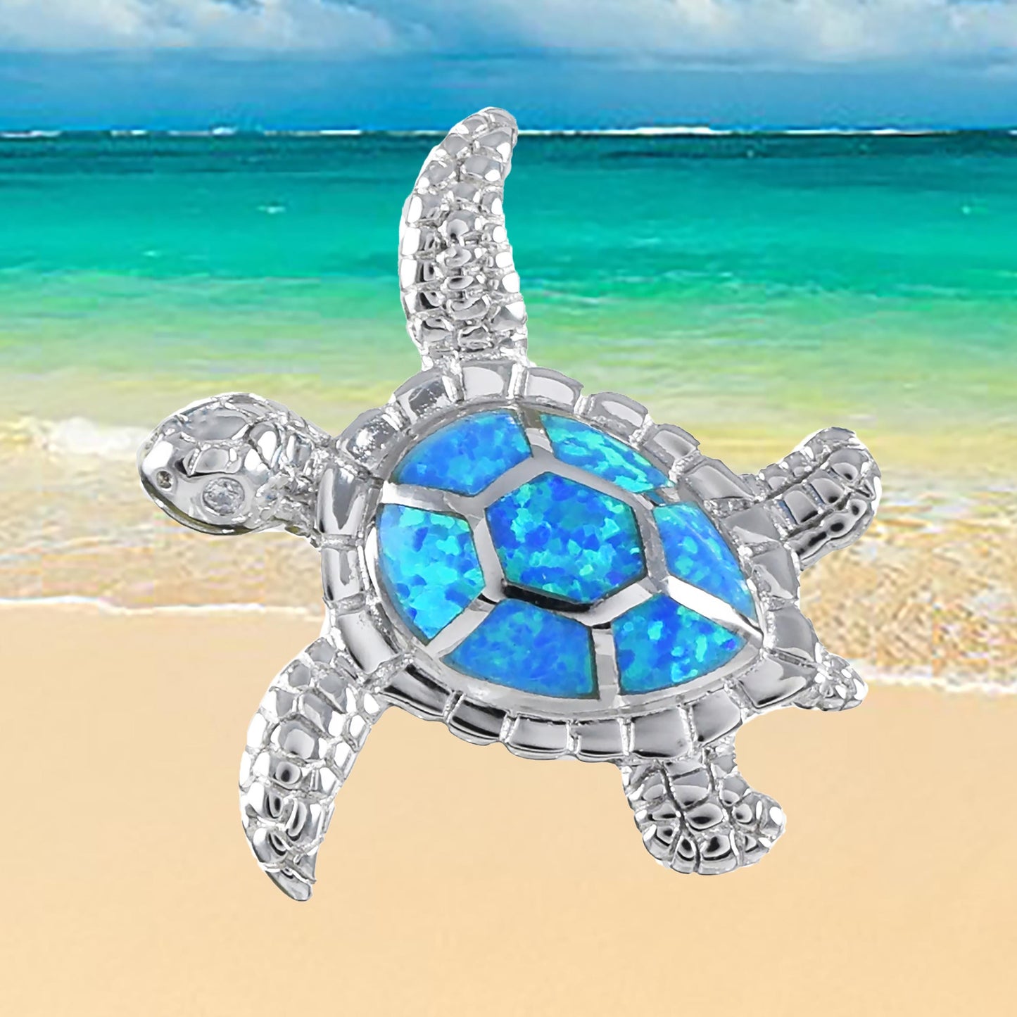 Hawaiian Blue Opal Sea Turtle Pendant, Sterling Silver Blue Opal Inlay Sea Turtle Pendant, Hawaiian Jewelry, Christmas Birthday Gift