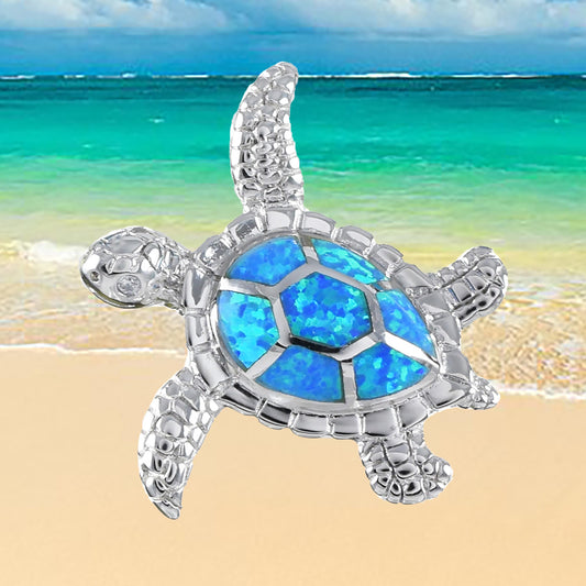 Hawaiian Blue Opal Sea Turtle Pendant, Sterling Silver Blue Opal Inlay Sea Turtle Pendant, Hawaiian Jewelry, Christmas Birthday Gift