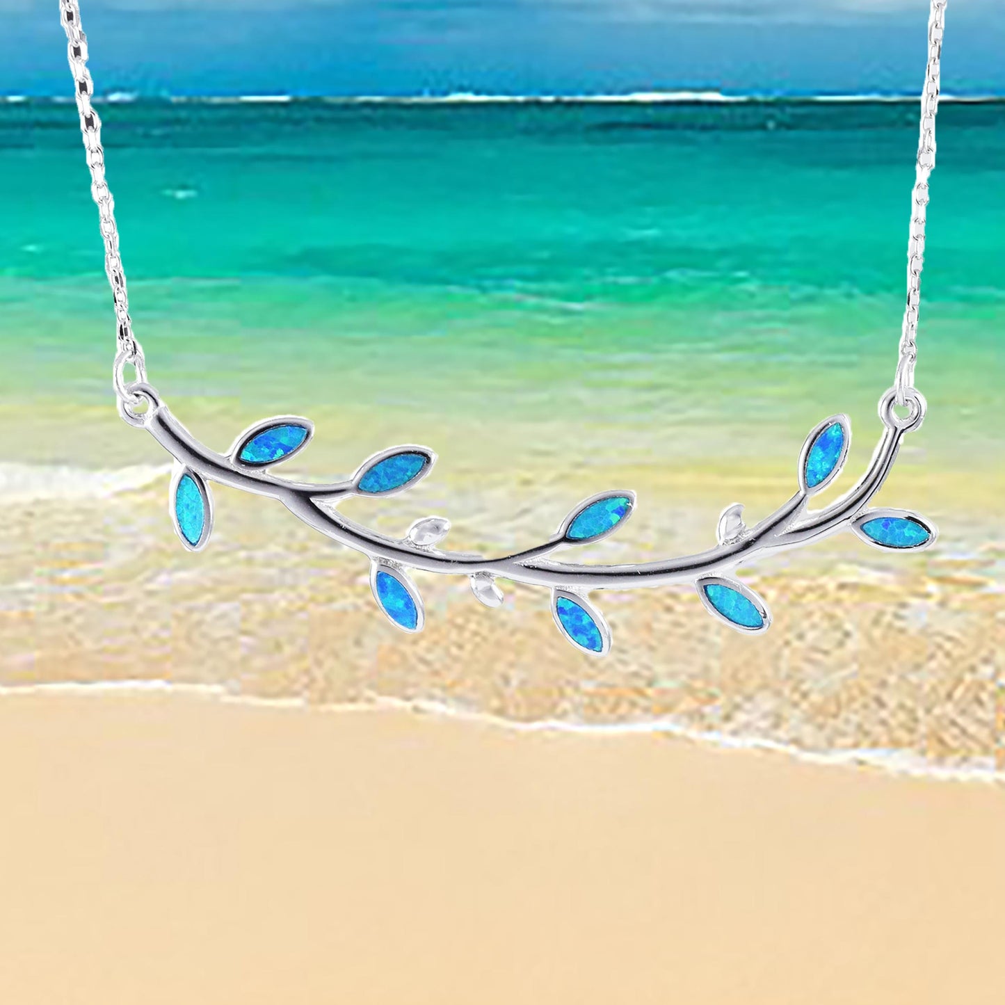 Hawaiian Blue Opal Maile Leaf Necklace, Sterling Silver Blue Opal Maile Leaf Necklace, Christmas Anniversary Birthday Mom Gift