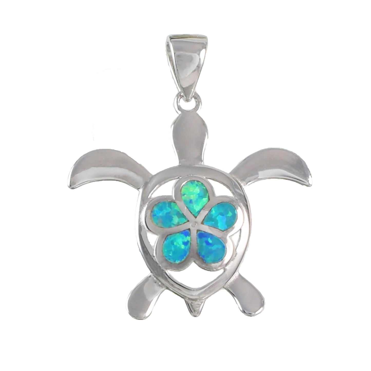 Hawaiian Large Plumeria Sea Turtle Pendant, Sterling Silver Turtle w. Blue Opal Plumeria Pendant, Christmas Birthday Gift