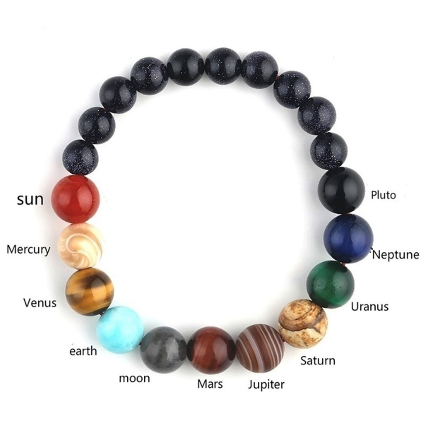 Universe Color Genuine Gemstone Bracelet, Sun, 7 planets, Pluto, Round Beads Stretchable Bracelet, B3358 Paradise Treasures Jewelry