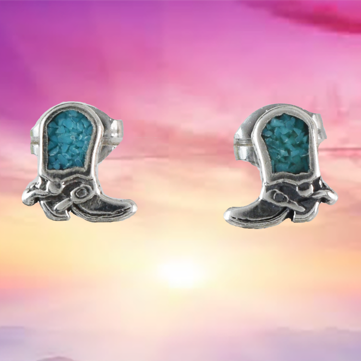 Small Texan Cowgirl Boot Earrings, Sterling Silver Turquoise Cowboy Boot Post Stud Earrings, E9454 Birthday Mother Gift