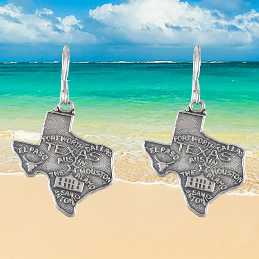 Texas Map Earrings, Sterling Silver Map of Texas Dangle Earrings, E9457 Birthday Mother Gift, Texan Jewelry