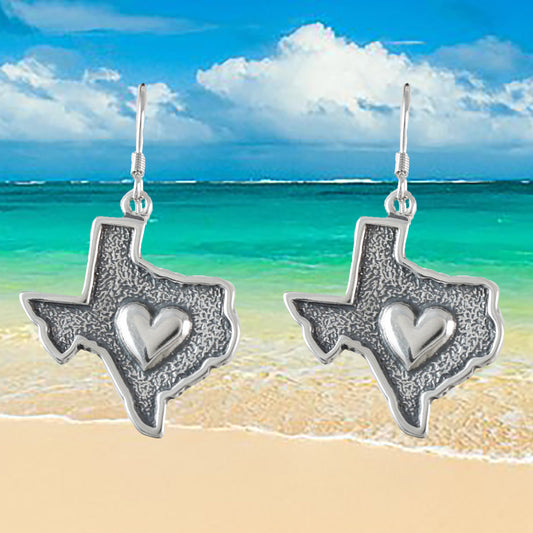 Large Heart of Texas Earrings, Sterling Silver Heart of Texas Dangle Earrings, E9459 Birthday Mother Gift, Texan Jewelry