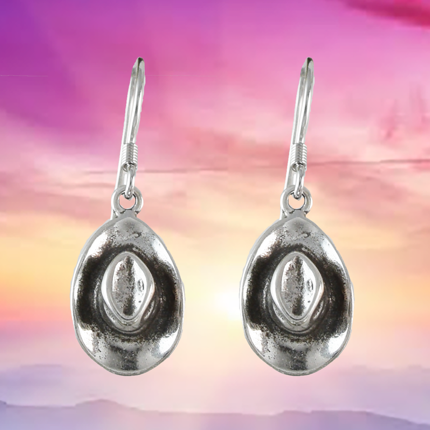 Texan 3D Cowboy Hat Earrings, Sterling Silver Cowboy Hat Dangle Earrings, E9467 Birthday Mother Gift, Texan Jewelry