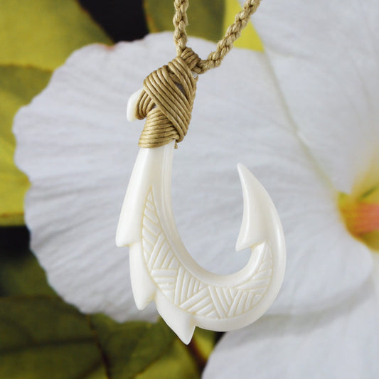 Hand Carved Buffalo Bone 3D Fish Hook Necklace - Paradise Treasures Jewelry