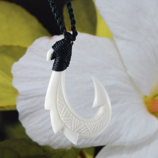 Hand Carved Buffalo Bone 3D Fish Hook Necklace, N9106 - Paradise Treasures Jewelry