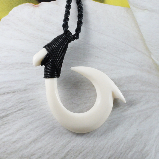 Hand Carved Buffalo Bone Black Cord Fish Hook Necklace, N9423 -Paradise Treasures Jewelry