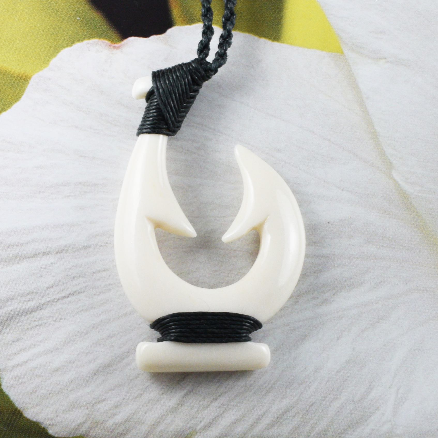 bone fish hook jewelry Hawaiian X-Large Fish Hook Necklace, Hand Carved Buffalo Bone Black Cord Fish Hook Necklace, N9435 -Paradise Treasures Jewelry