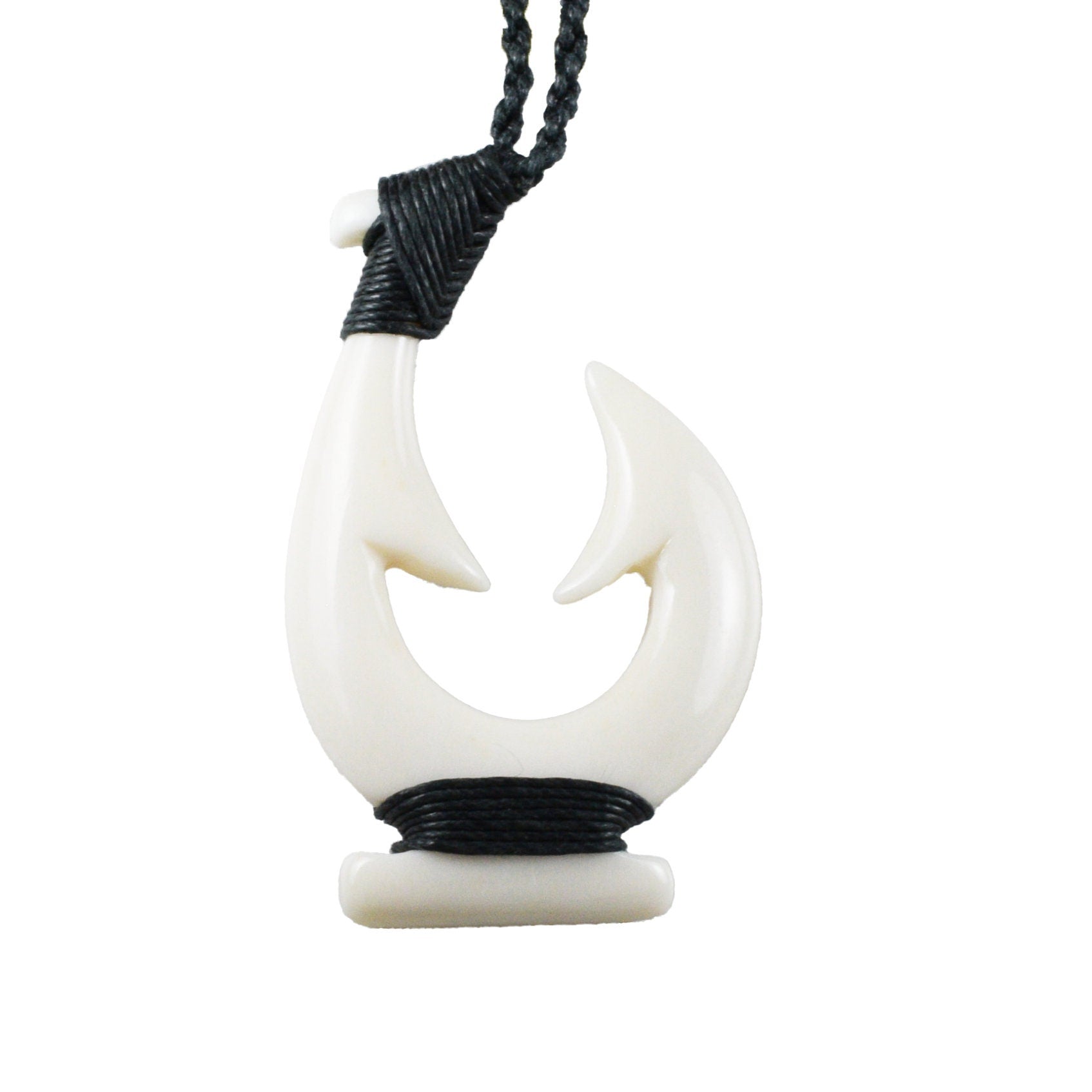 bone fish hook jewelry Hawaiian X-Large Fish Hook Necklace, Hand Carved Buffalo Bone Black Cord Fish Hook Necklace, N9435 -Paradise Treasures Jewelry