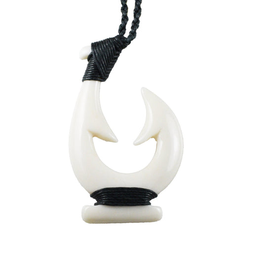 Hand Carved Buffalo Bone Black Cord Fish Hook Necklace, N9435 -Paradise Treasures Jewelry