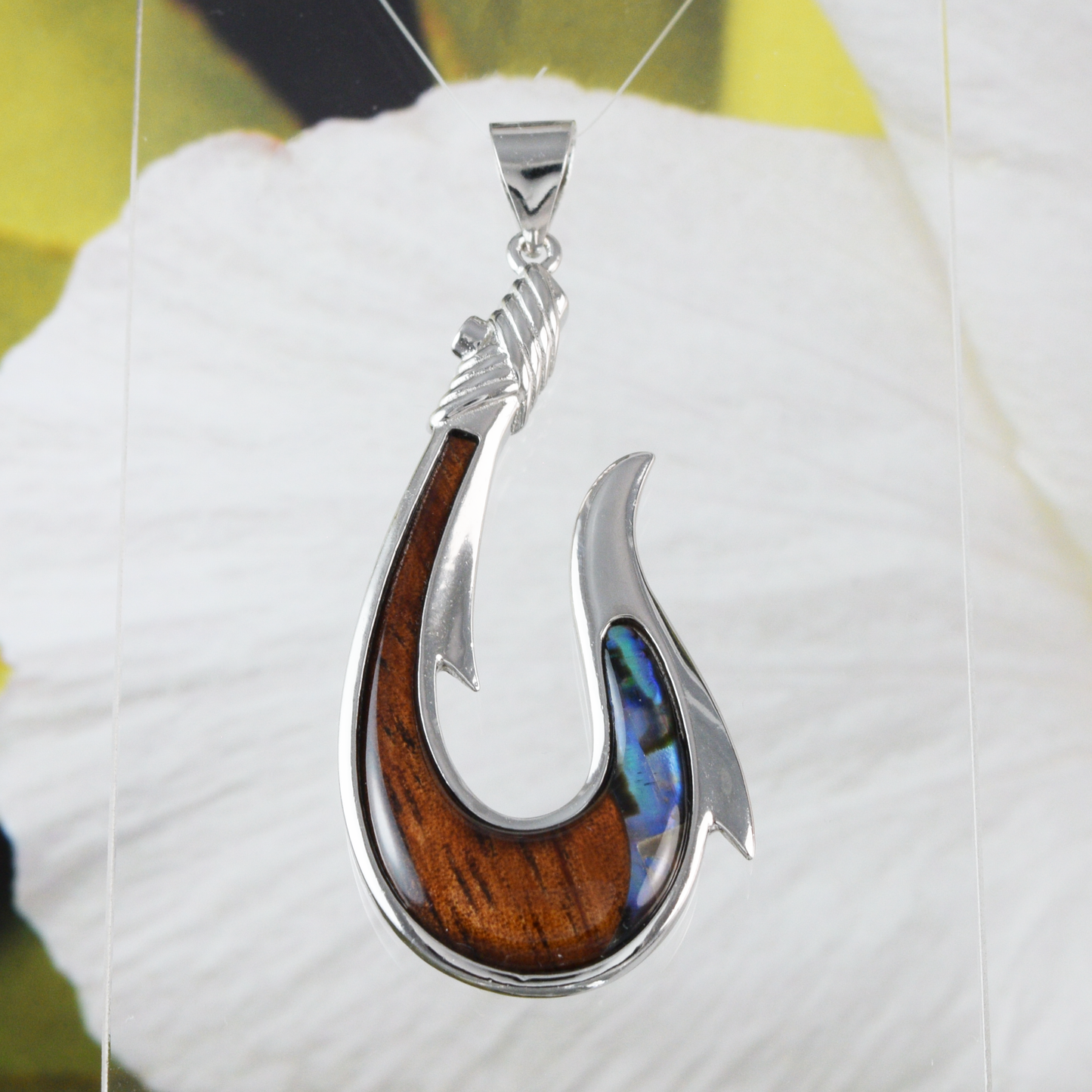 Large Silver Fish Hook Wood Abalone Necklace - Hawaii Treasures Shop
