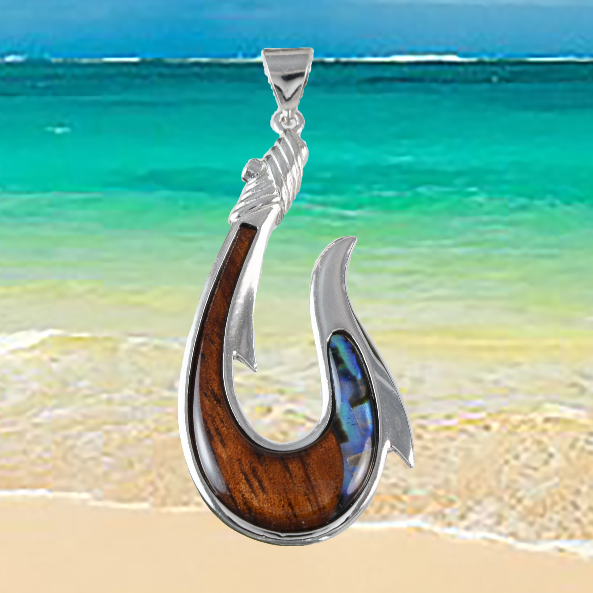 Genuine X-Large Koa Wood Abalone Fish Hook Pendant in Sterling Silver, N9484 Paradise Treasures Jewelry