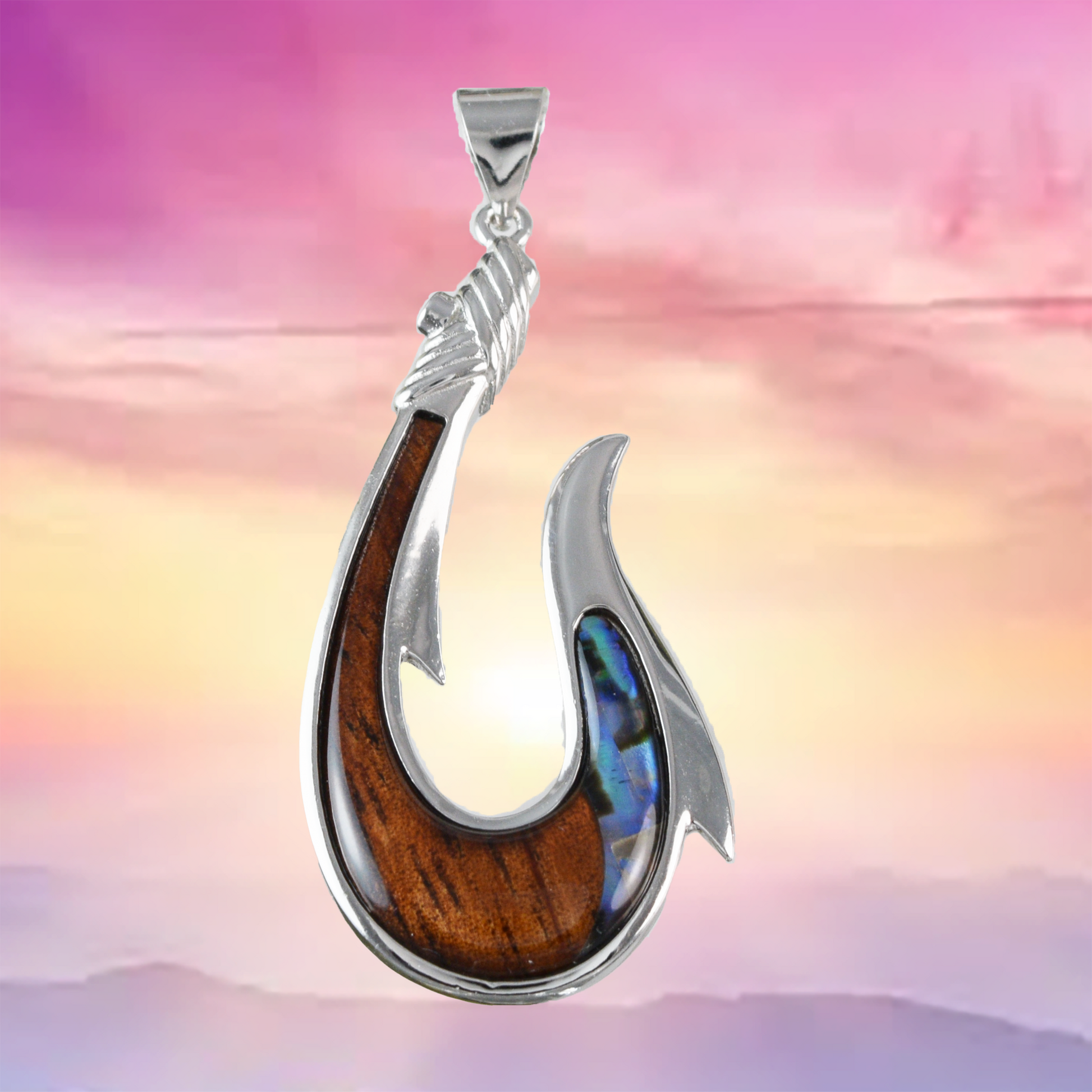 Large Silver Fish Hook Wood Abalone Necklace - Hawaii Treasures Shop
