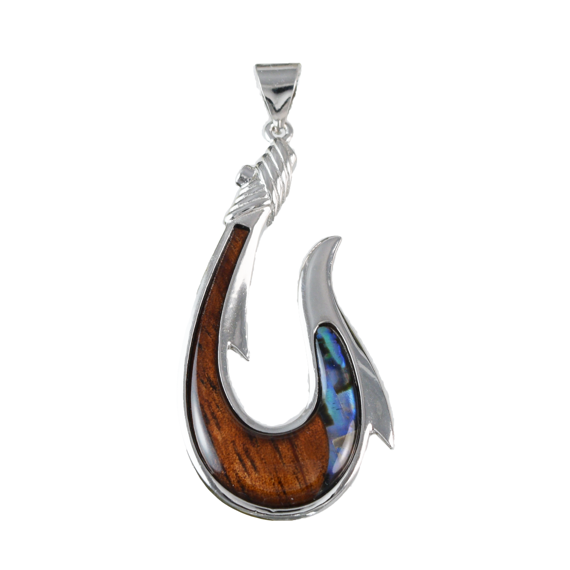 Genuine X-Large Koa Wood Abalone Fish Hook Pendant in Sterling Silver, N9484 Paradise Treasures Jewelry
