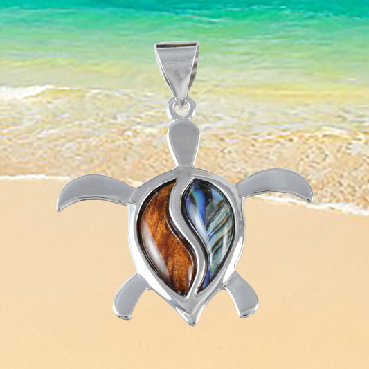 Large Silver Sea Turtle Wood Abalone Necklace - Hawaii Treasures Shop