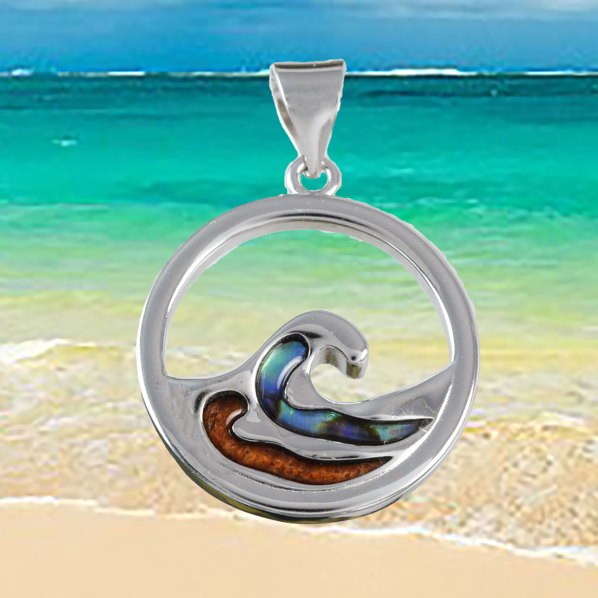 Large Silver Wave Wood Abalone Necklace - Hawaii Treasures Shop
