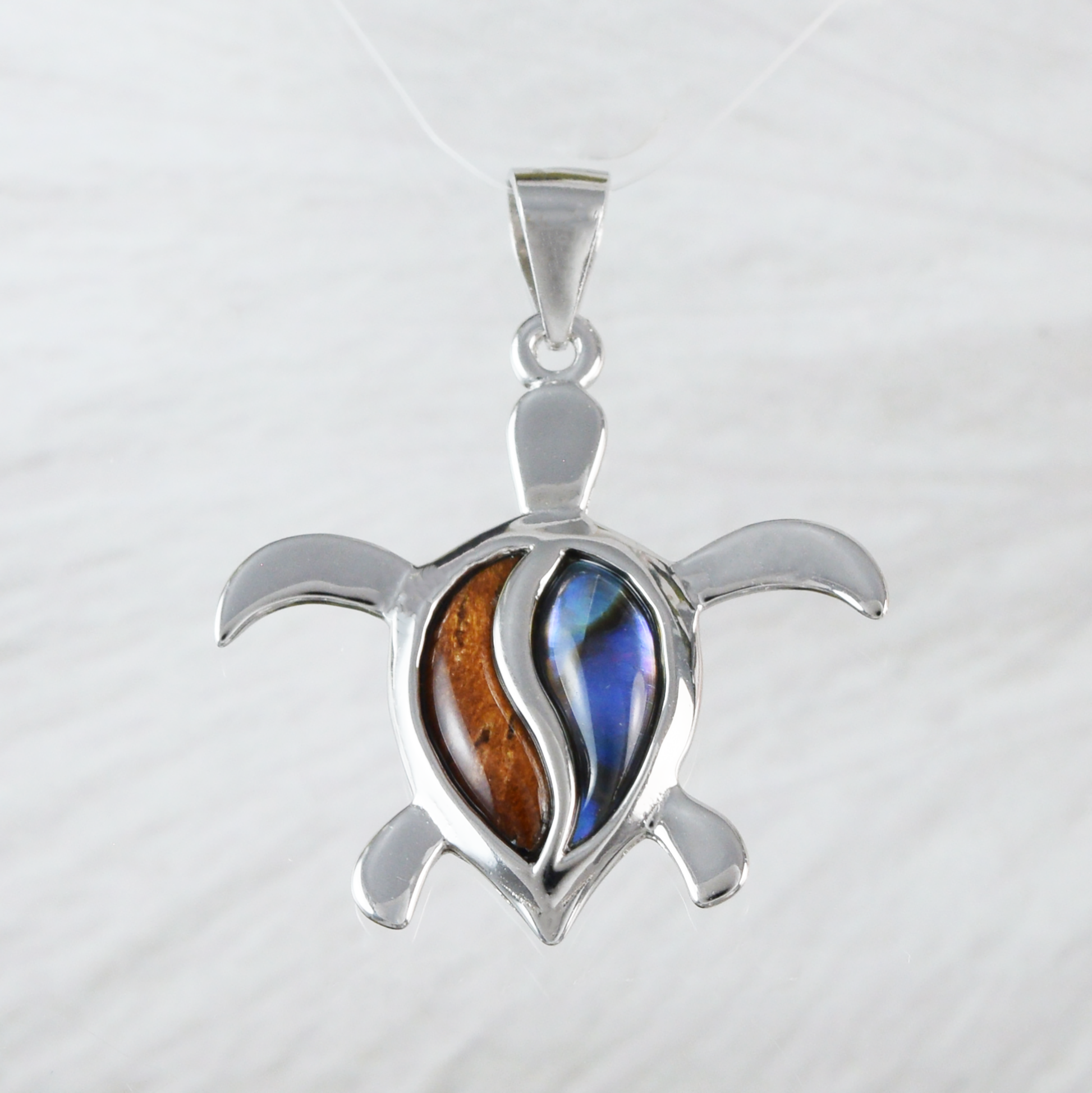 Medium Silver Sea Turtle Koa Wood Abalone Necklace - Hawaii Treasures Shop