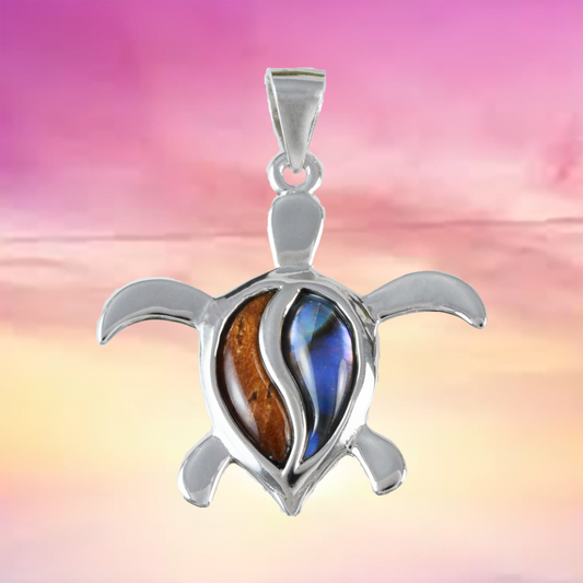 Medium Silver Sea Turtle Koa Wood Abalone Necklace - Hawaii Treasures Shop