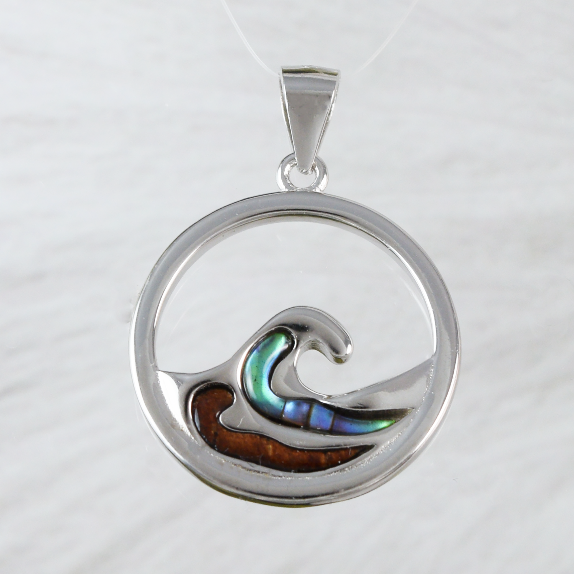 Medium Silver Wave Wood Abalone Necklace - Hawaii Treasures Shop