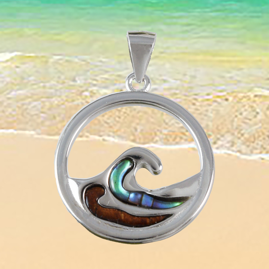 Medium Silver Wave Wood Abalone Necklace - Hawaii Treasures Shop