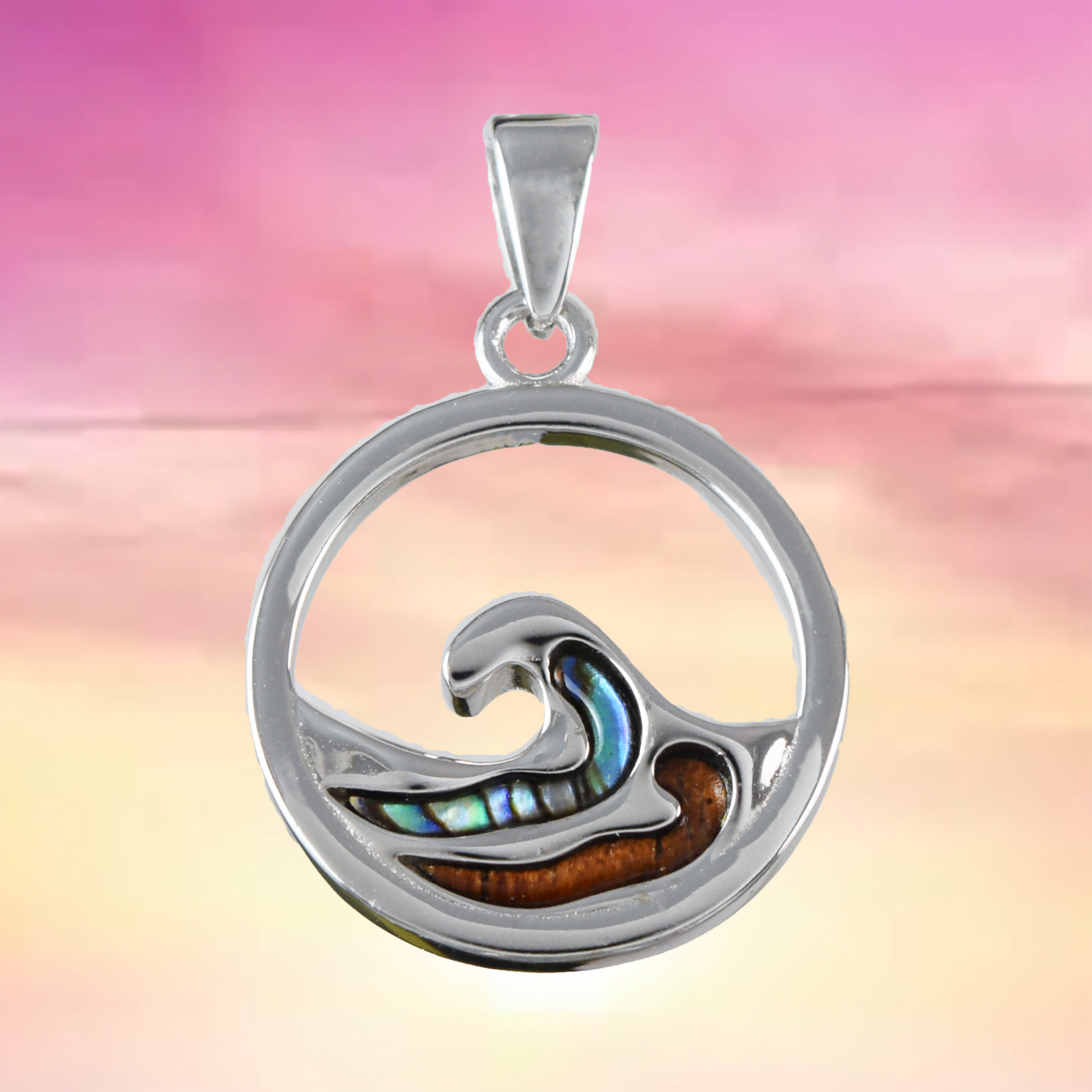 Medium Silver Wave Wood Abalone Necklace - Hawaii Treasures Shop