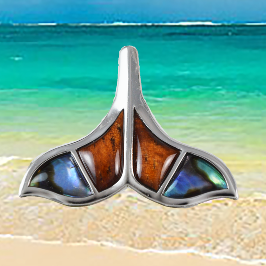 Medium Silver Whale Tail Wood Abalone Necklace - Hawaii Treasures Shop
