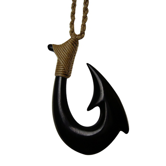 Hawaiian Large Fish Hook Necklace, Hand Carved Buffalo Bone Fish Hook Necklace, N9424A Paradise Treasures Jewelry