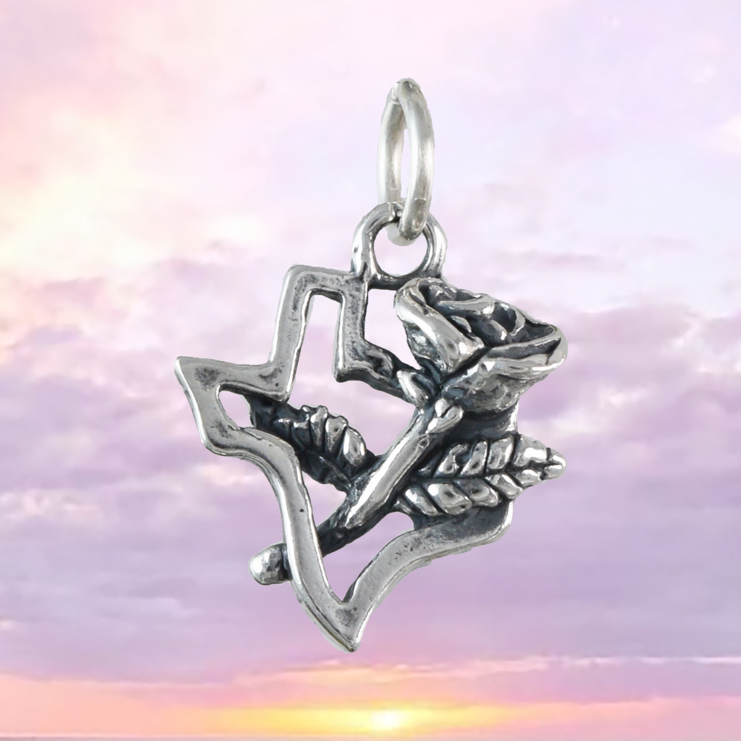 Yellow Rose Texas State Map Pendant, Sterling Silver Yellow Rose Texas State Charm Pendant, N9445 Birthday Mother Gift, Texan Jewelry