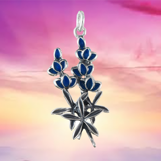 Texan Bluebonnet Pendant, State Flower of Texas, Sterling Silver Blue Bonnet Charm Pendant, N9449 Birthday Mother Wife Mom Gift