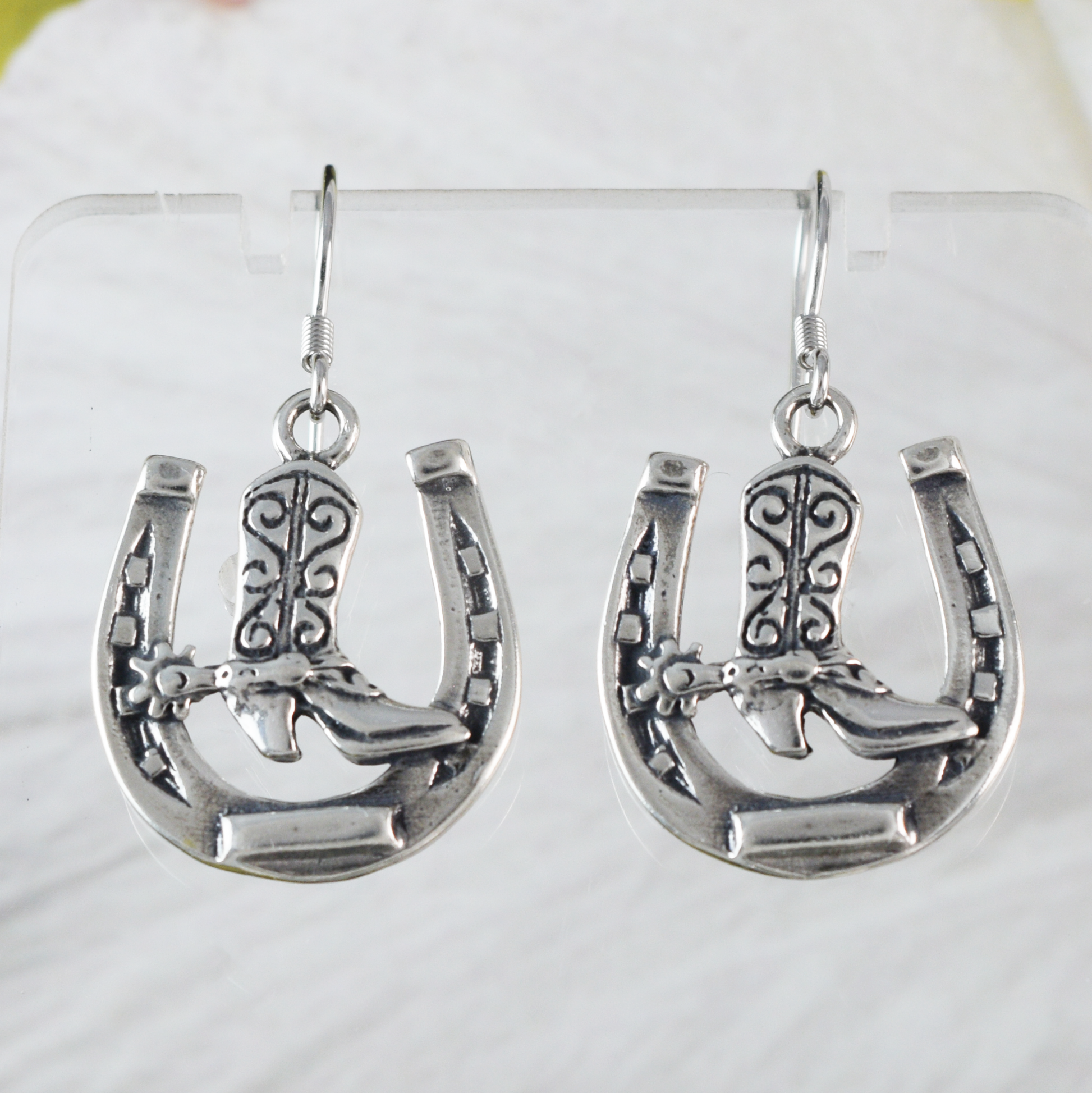 Silver Cowgirl Boot Horseshoe Earrings - Hawaii Treasures Shop