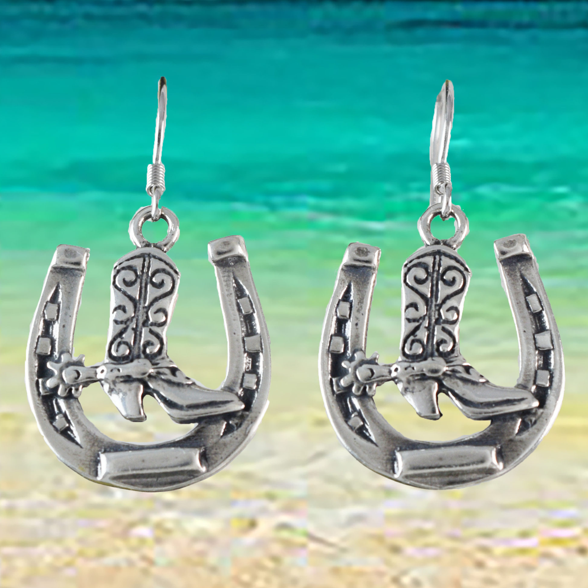 Silver Cowgirl Boot Horseshoe Earrings - Hawaii Treasures Shop