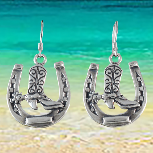 Silver Cowgirl Boot Horseshoe Earrings - Hawaii Treasures Shop