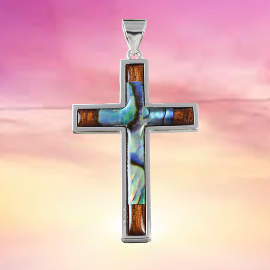 Silver Cross Wood Abalone Necklace - Hawaii Treasures Shop