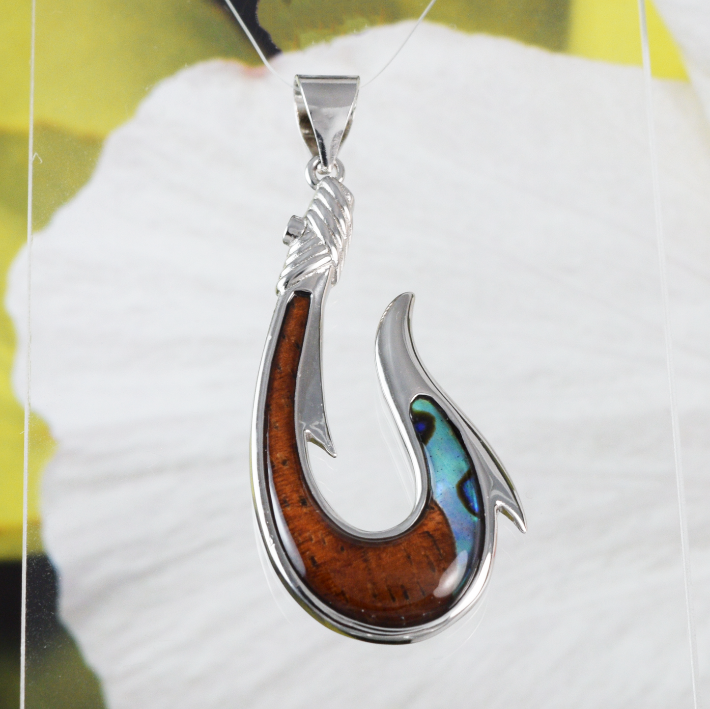 Silver Fish Hook Wood Abalone Necklace - Hawaii Treasures Shop