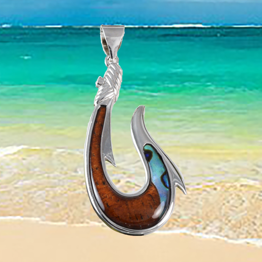 Silver Fish Hook Wood Abalone Necklace - Hawaii Treasures Shop