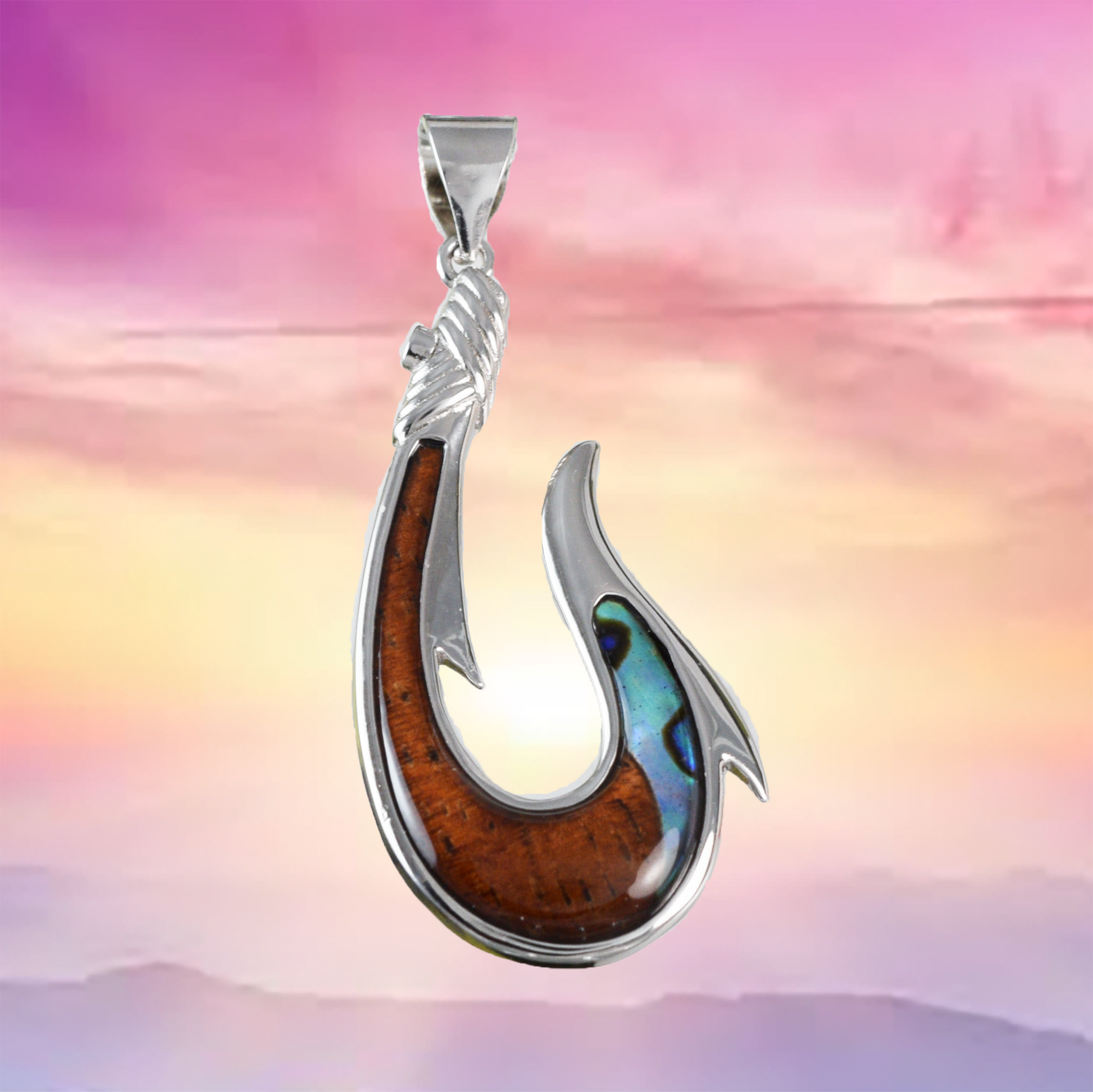Silver Fish Hook Wood Abalone Necklace - Hawaii Treasures Shop
