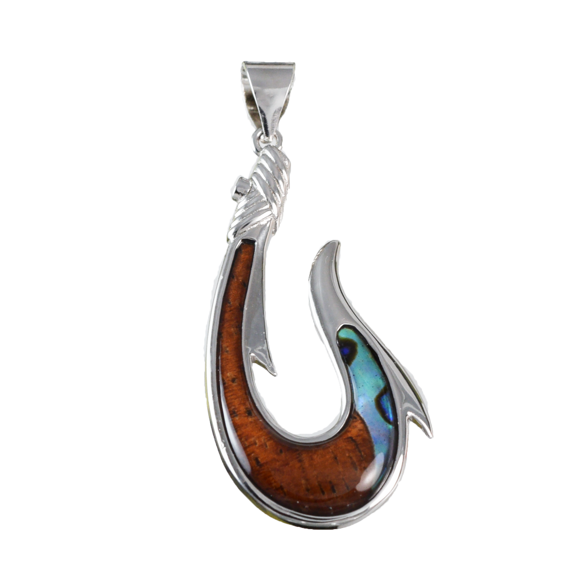 Silver Fish Hook Wood Abalone Necklace - Hawaii Treasures Shop